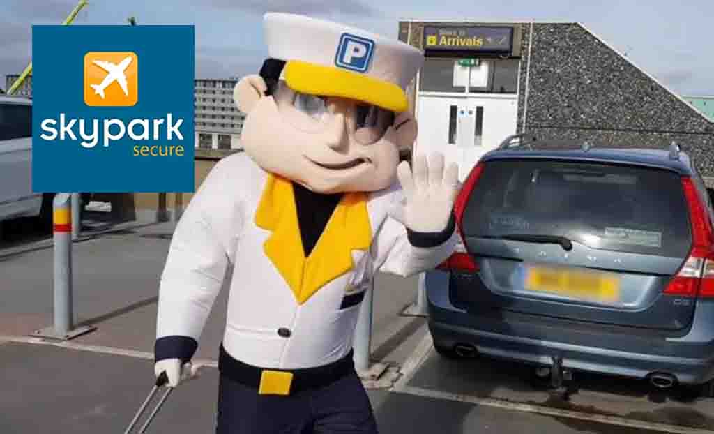 Sky Park Secure Logo placed over the Sky Park Secure Mascot posing in front of a car 