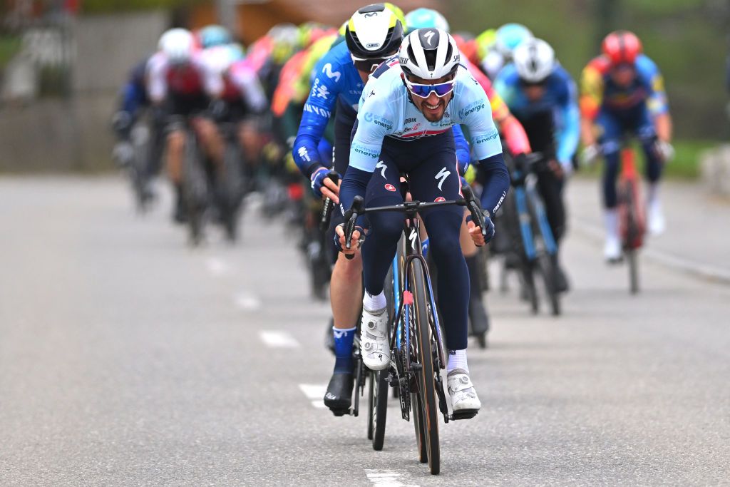 FRIBOURG SWITZERLAND APRIL 24 Julian Alaphilippe of France and Team Soudal QuickStep Blue Mountain Jersey attacks during the 77th Tour De Romandie 2024 Stage 1 a 1657km stage from Chateau dOex to Fribourg UCIWT on April 24 2024 in Fribourg Switzerland Photo by Luc ClaessenGetty Images