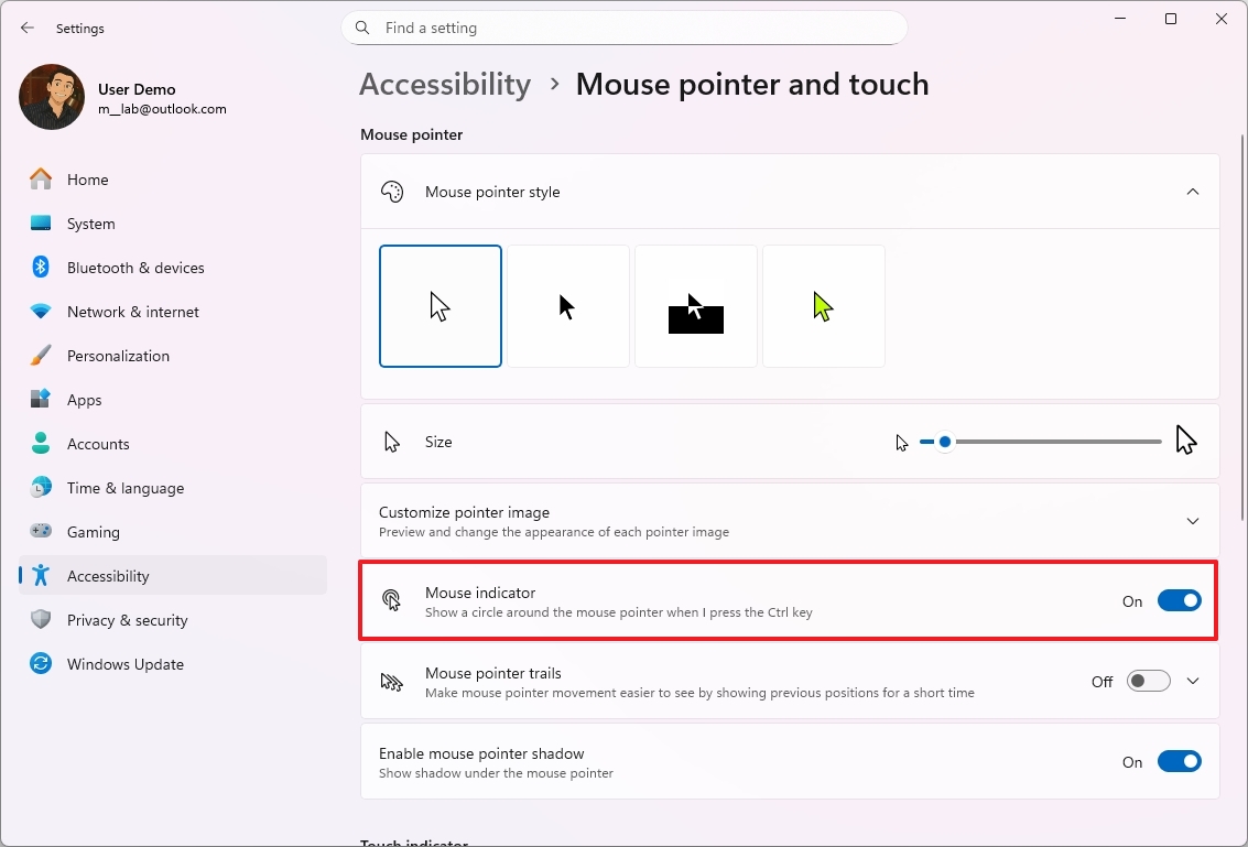 Settings mouse indicator