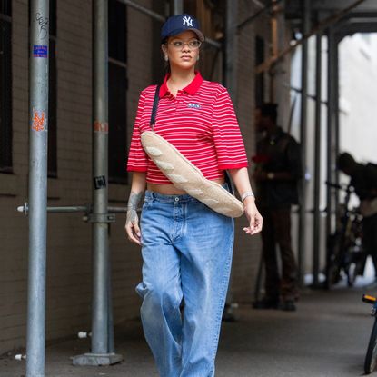 rihanna in new york city with a baguette bag