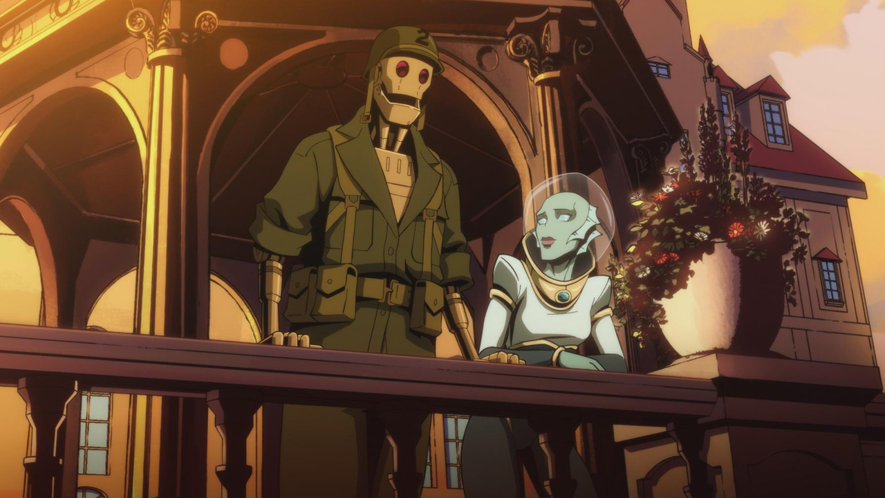 G.I. Robor and Nina Mazursky chatting on a balcony in Creature Commandos' first episode