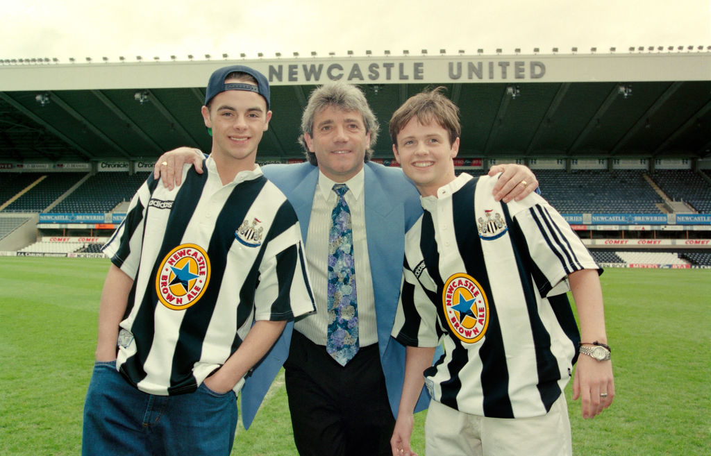 Newcastle United manager Kevin Keegan (c) is joined by entertainers Ant (Anthony McPartlin) (l) and Dec ( Declan Donnelly) at the launch at St James' Park on May 10, 1995 of the new adidas 'grandad collar shirt' which along with the Newcastle Brown Ale logo proved to be an iconic shirt used by the 'Entertainers' team of the 1995/96 season.