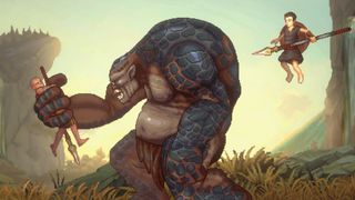 Kratos is grabbed by a cyclops in God of War: Sons of Sparta, as Deimos leaps to his aid from behind
