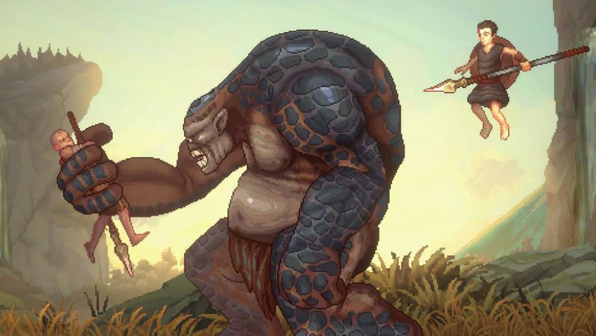 Kratos is grabbed by a cyclops in God of War: Sons of Sparta, as Deimos leaps to his aid from behind