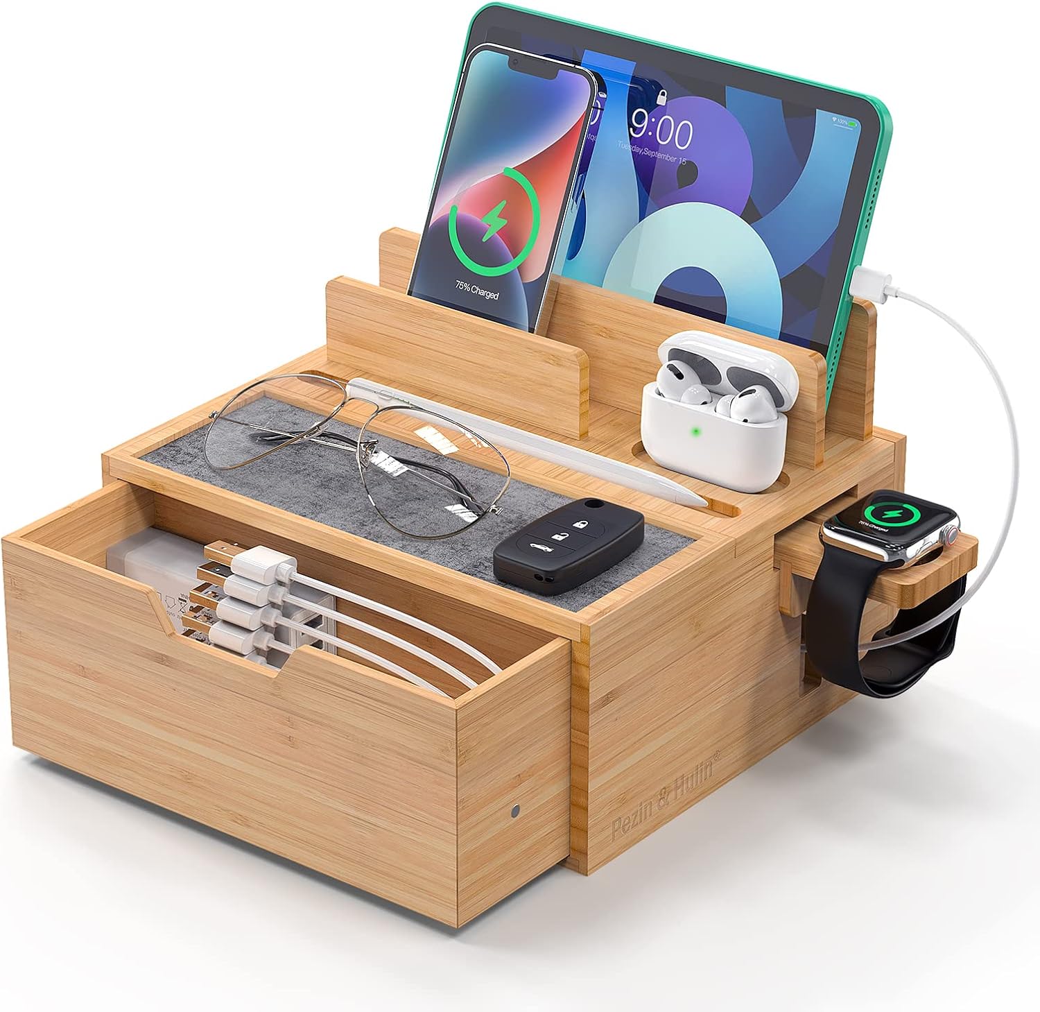 Pezin &amp;amp; Hulin Bamboo Charging Dock Rack, Wooden Charging Station Organizer With Lined Tray &amp;amp; Drawer, Desktop Dock Organizer, Compatible With Tablet, Cell Phone, Earbuds, Smartwatch