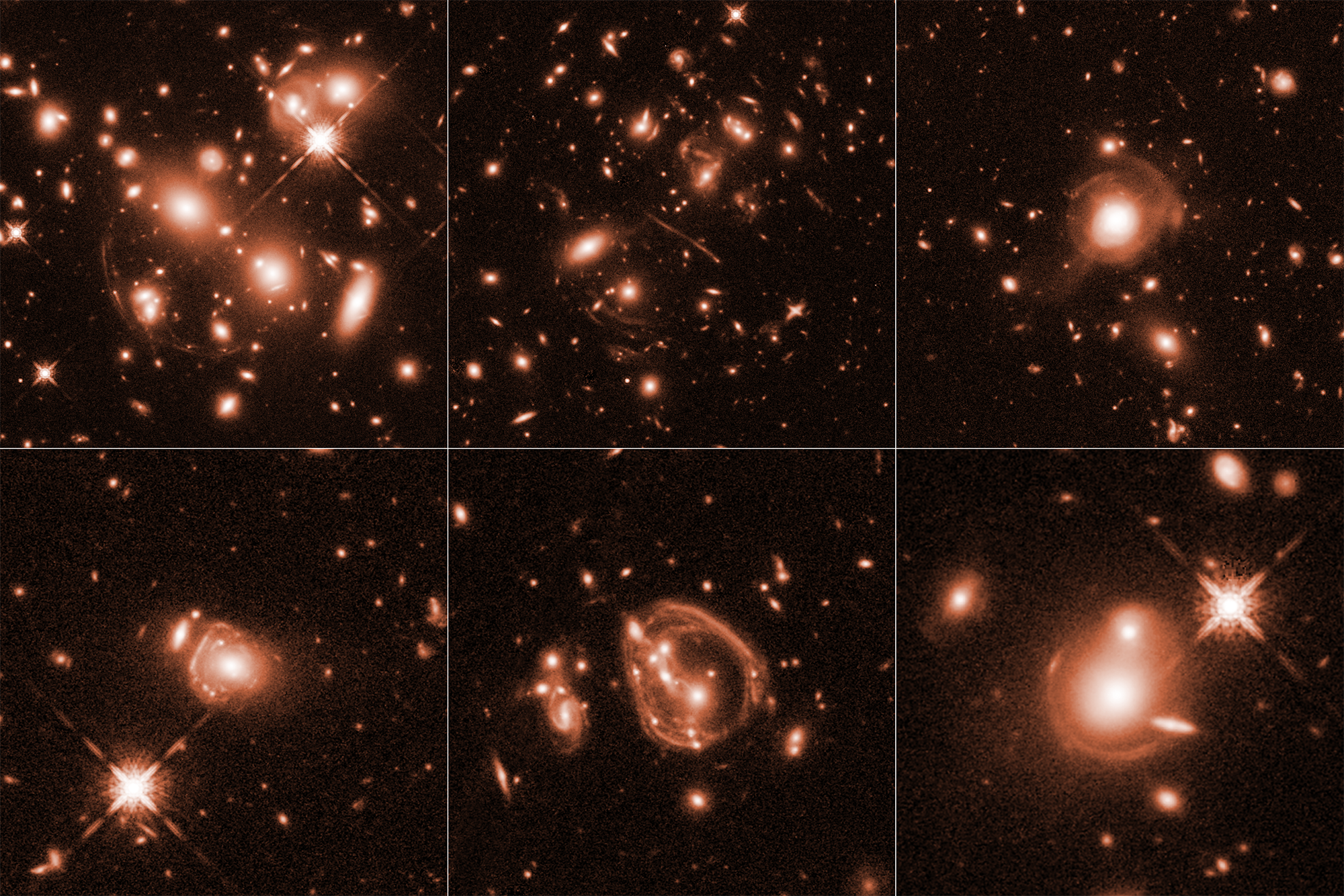 Obrazy sześciu gromad galaktyk ułożonych obok siebie w siatce 3x2