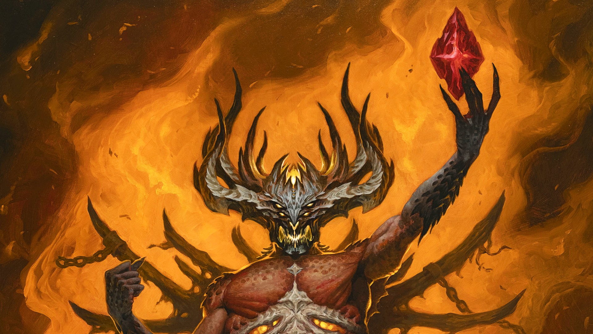 Diablo Immortal's Skarn holds a gem above his head