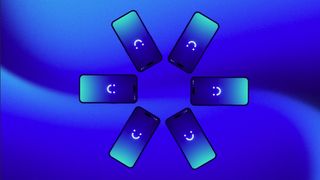 six phones with visible wireless logo appearing on the screen arranged in a circle