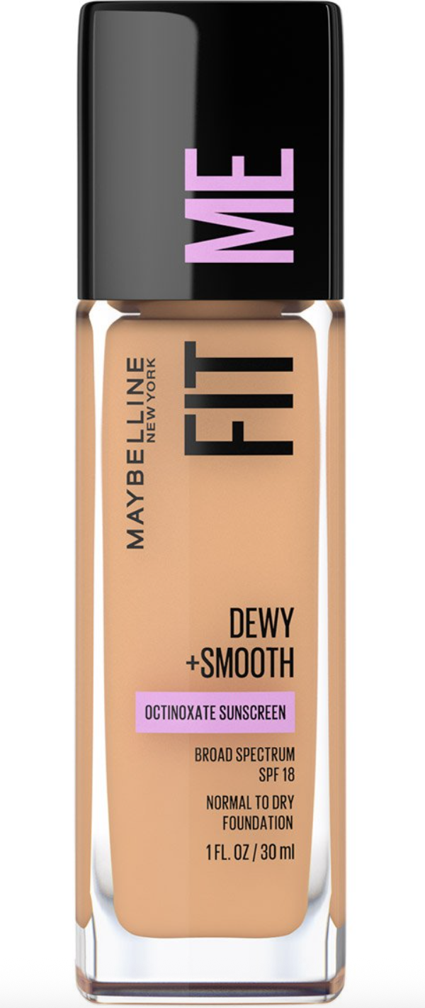 Glass bottle of foundation with black lid and purple writing on it that says Fit Me