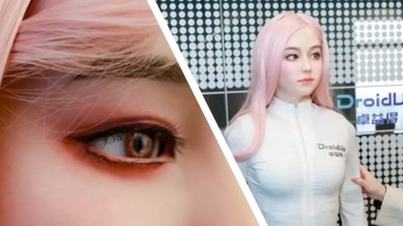 A close-up of the eye of a humanoid robot, next to a robot standing next to a woman