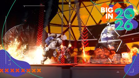 Hugh carries Diana as sprints to avoid explosions, an image of the Earth near them in Pragmata, with the GamesRadar+ Big in 2026 frame