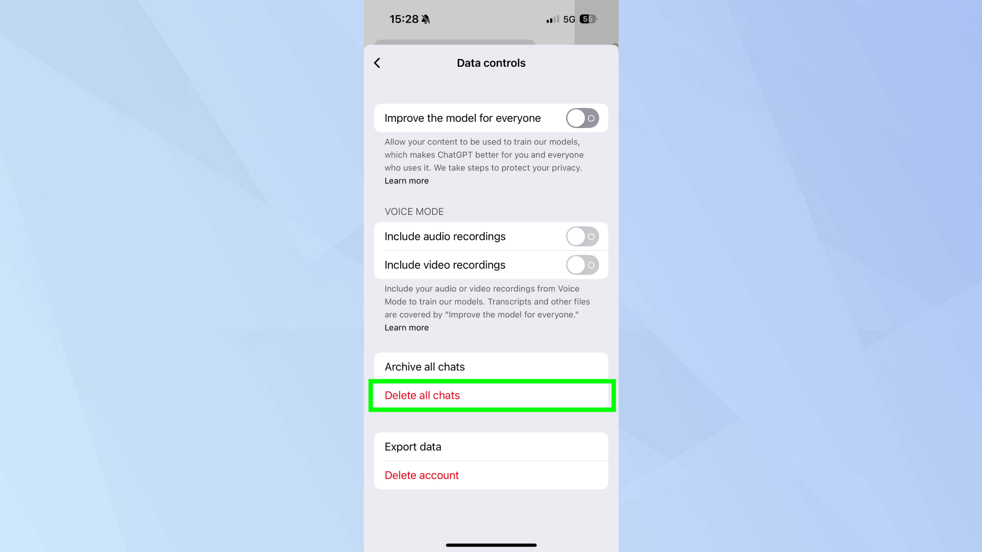 ChatGPT delete all chats. on app