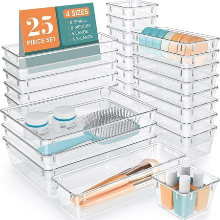 Taimasi 25 Pcs Clear Plastic Drawer Organizer Set, 4 Sizes Desk Drawer Divider Organizers and Storage Bins for Makeup, Jewelry, Gadgets for Kitchen, Bedroom, Bathroom, Office