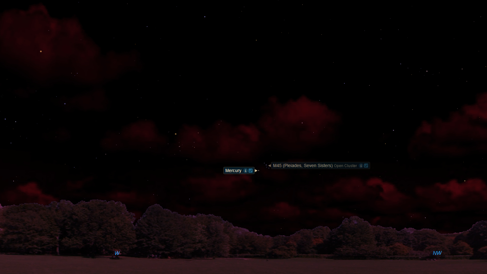 L'amas d'étoiles des Pléiades rejoindra Mercure dans le ciel nocturne le 29 avril. Ce graphique de Starry Night montre la vue vers 20h30 heure locale en regardant vers l'ouest.