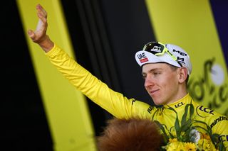 Tadej Pogačar in the yellow leader's jersey after stage 4 at the Tour de France