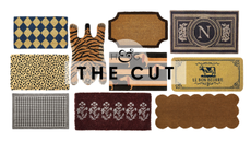Stylish doormats, spanning checkered, animal print, gingham, floral, and French-inspired styles, pictured against a white background