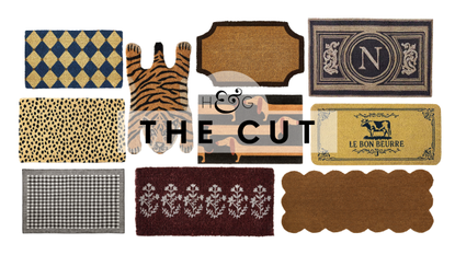 Stylish doormats, spanning checkered, animal print, gingham, floral, and French-inspired styles, pictured against a white background