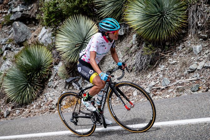 Carolina Rodriguez (Astana) in the mountains jersey during stage 2 of the 2019 Tour of California Women's Race
