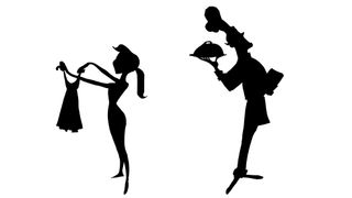 two silhouettes of a woman holding a dress and a person holding a dinner plate