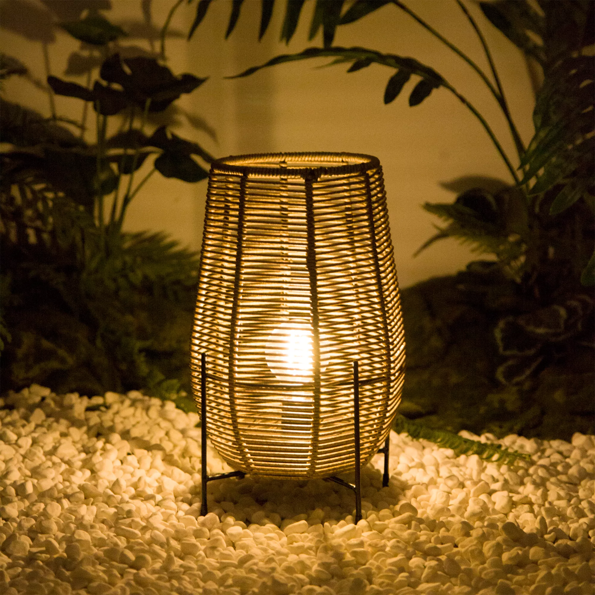 Brown Rattan Effect Solar-Powered Integrated Led Outdoor Lantern