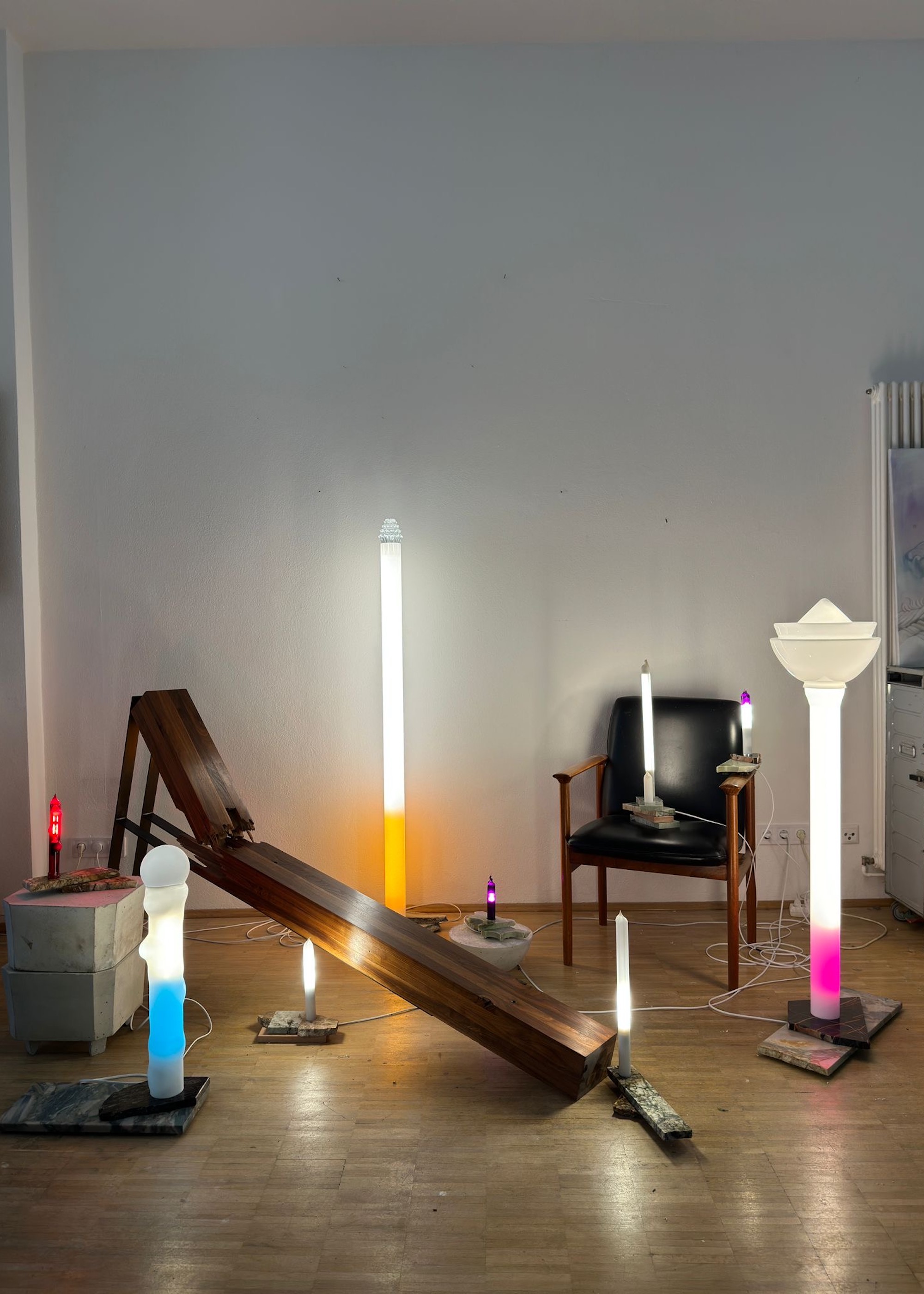 floor lamps in a group on wooden flooring in a home