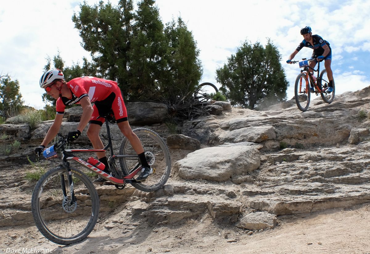Russell Finsterwald (SRAM) leading Geoff Kabush (Scott) after two and one half hours of racing
