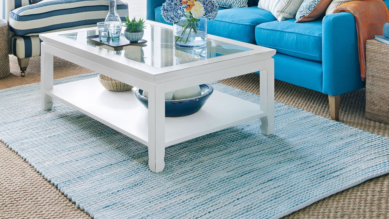 blue living room with sofa, rug and coffee table