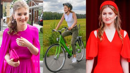 Princess Elisabeth wearing a pink gown, a white tank and green cargo pants riding a bike, and a cold shoulder red dress and matching headband