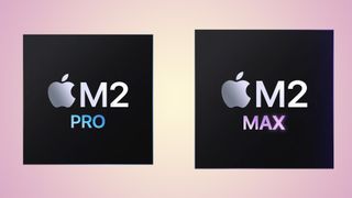 The Apple M2 Pro and M2 Max logos against a pinkish background with a yellow spotlight