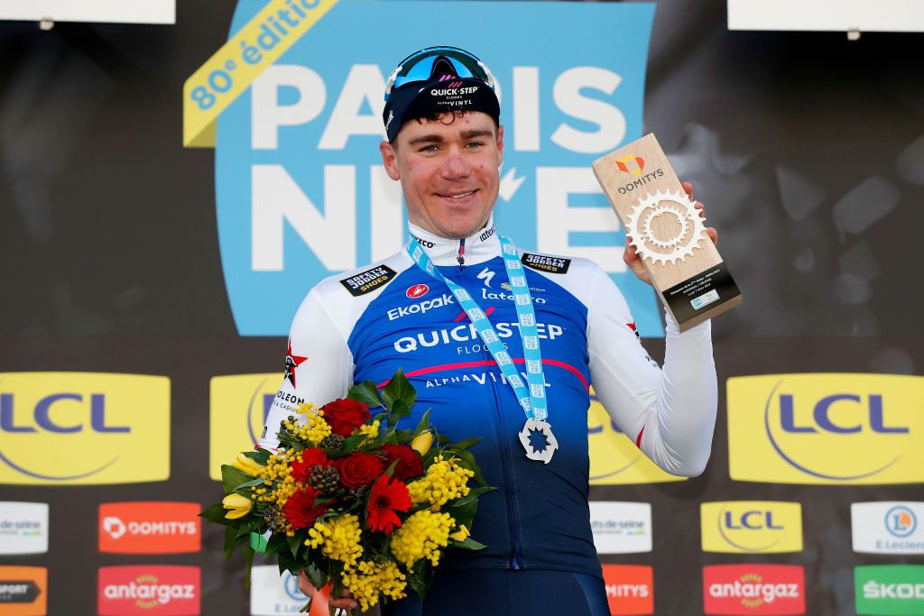 ORLEANS FRANCE MARCH 07 Fabio Jakobsen of Netherlands and Team QuickStep Alpha Vinyl celebrates winning the stage two on the podium ceremony after the 80th Paris Nice 2022 Stage 2 a 1592km stage from Auffargis to Orlans ParisNice on March 07 2022 in Orleans France Photo by Bas CzerwinskiGetty Images