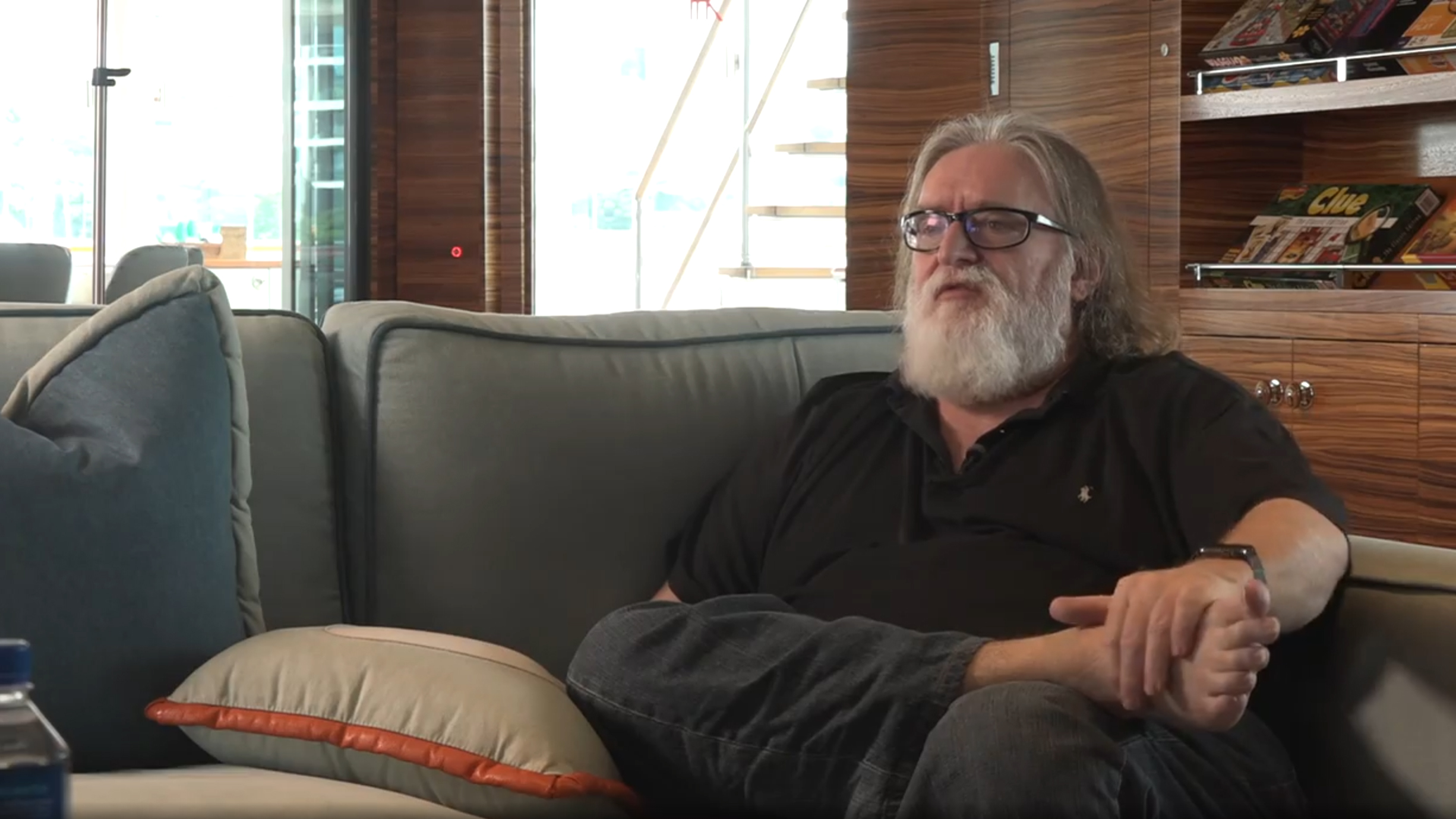 gabe newell in an interview, barefoot, toenails, sharp