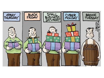 Editorial cartoon Black Friday holiday shopping