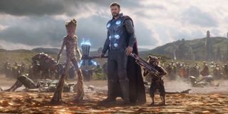 Chris Hemsworth as Thor in Avengers: Endgame with other Marvel heroes