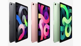 The three colour options of the iPad Air 4th Gen tablet. 