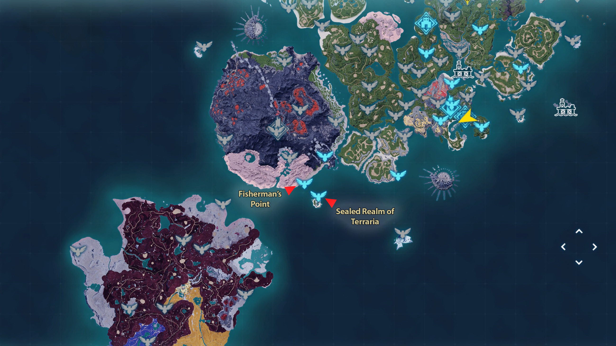 The world map in Palworld, with the Sealed Realm of Terraria and Fisherman's Point circled and labeled, showing how close they are together.
