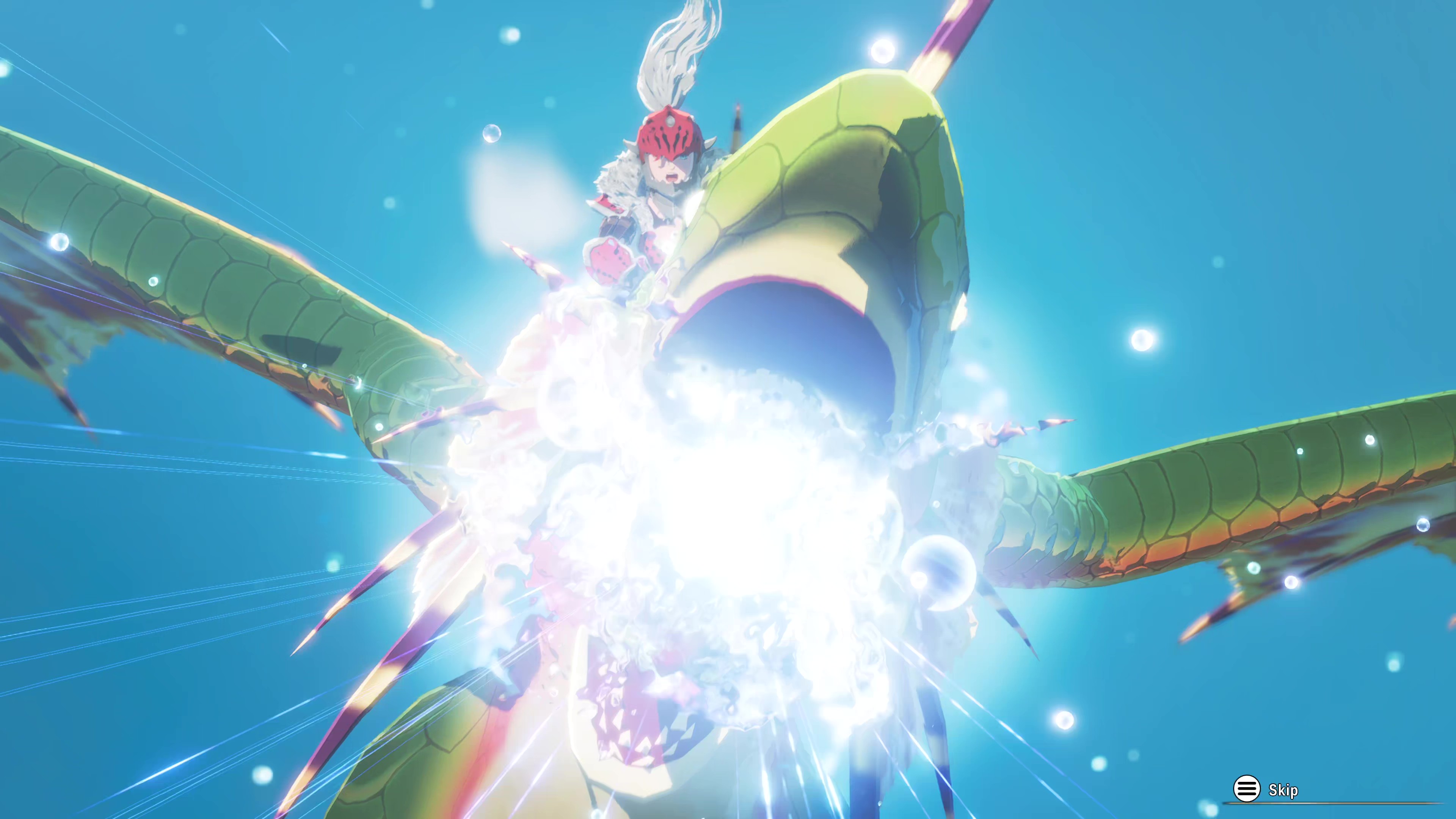 In-game screenshot of a Plesioth about to fire its Kinship Attack in Monster Hunter Stories 3: Twisted Reflection.