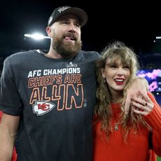 Taylor Swift and Travis Kelce attend the AFC Championship 