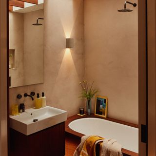 Terracotta limewashed bathroom