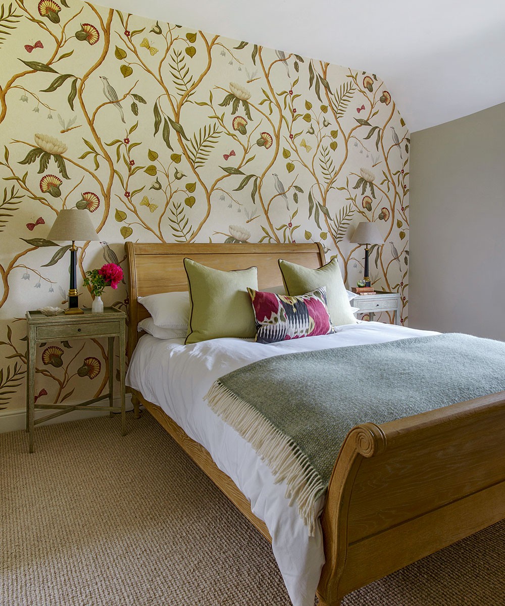 white bedroom with wallpaper