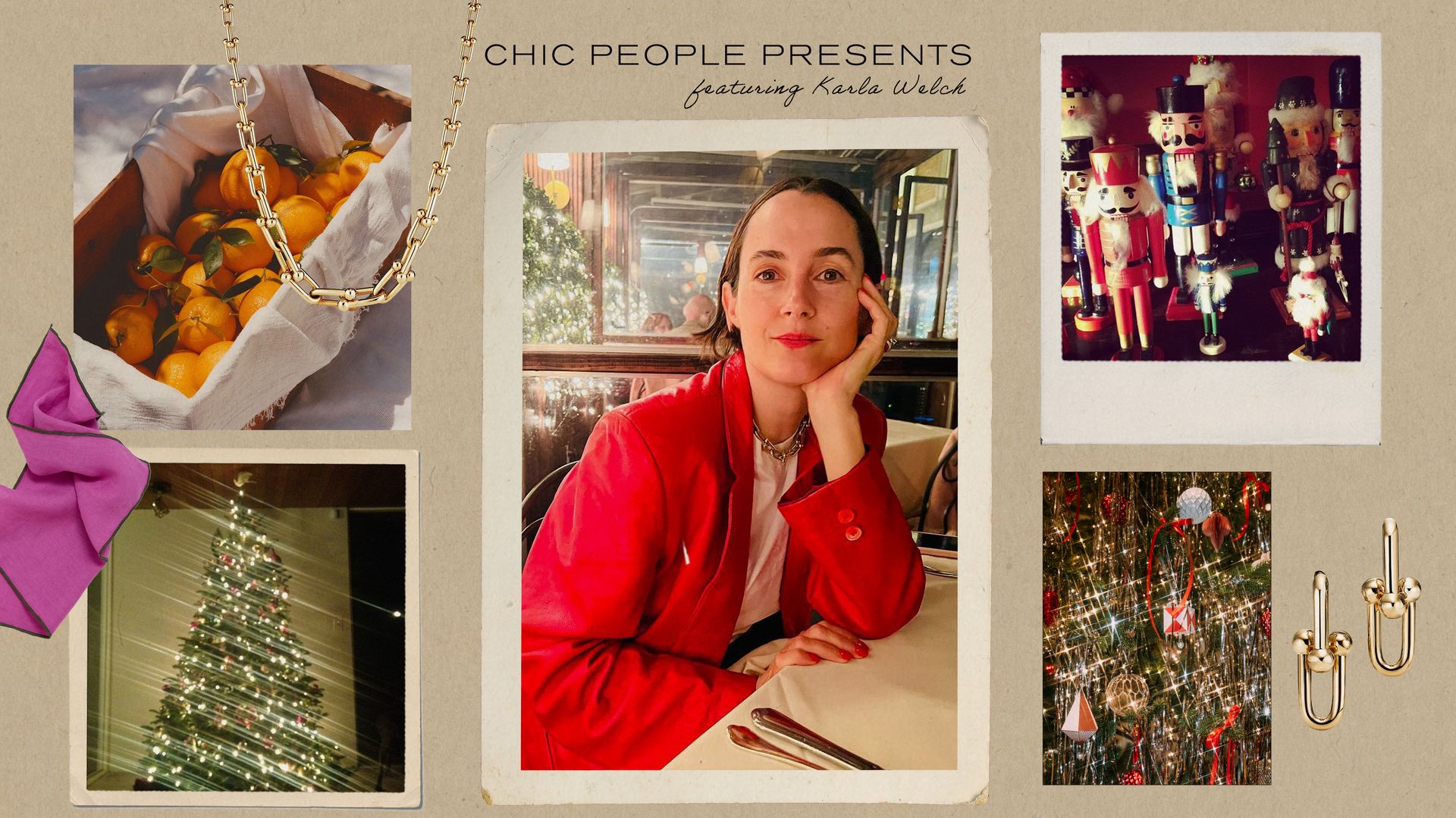 Various festive holiday gifts like Tiffany & Co jewelry; Kara Welch in a red jacket