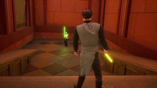 Two lightsaber-wielders square up for a duel in a fan remake of Jedi Knight: Dark Forces 2.