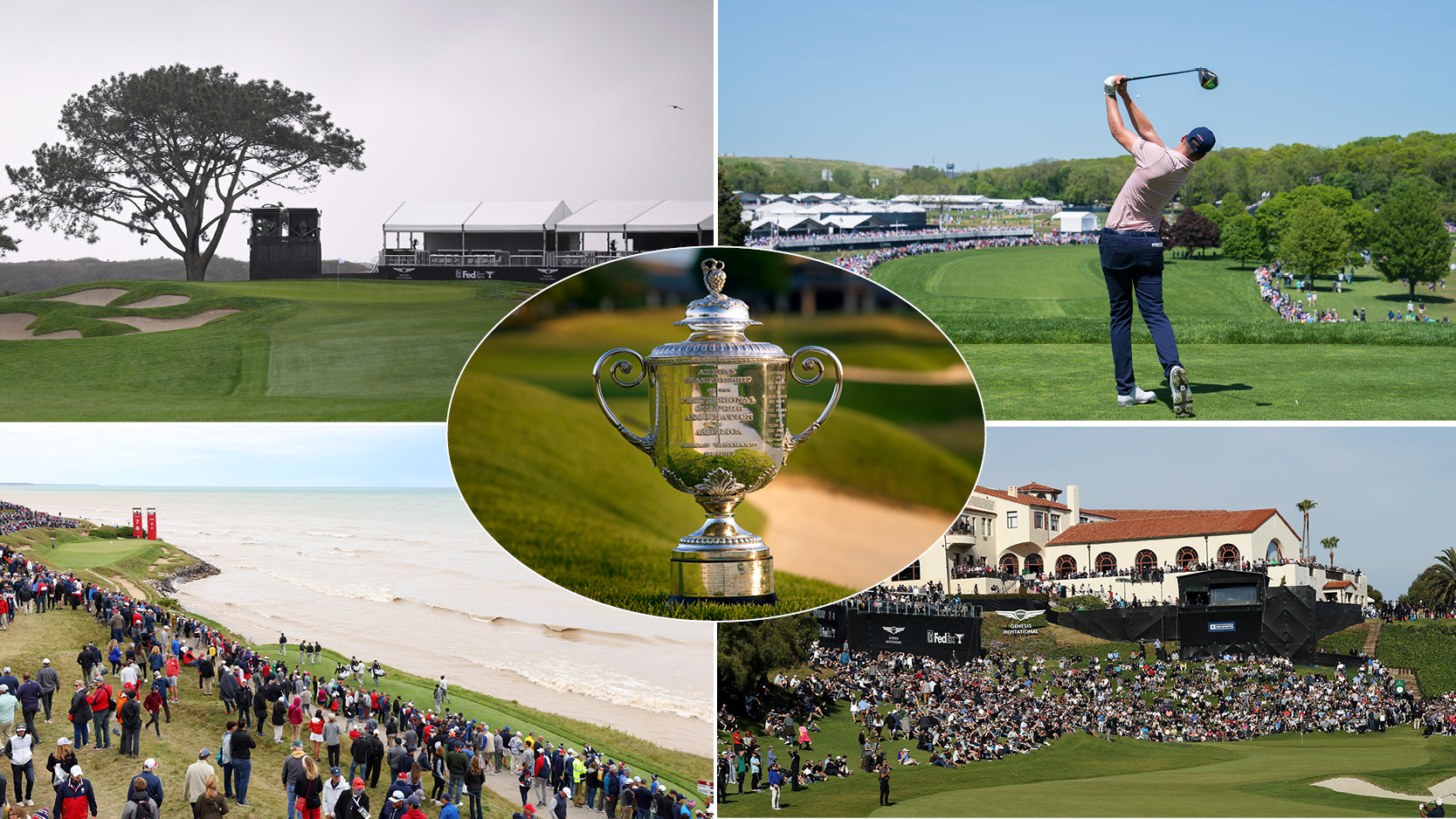 A number of different golf courses surrounding the PGA Championship trophy