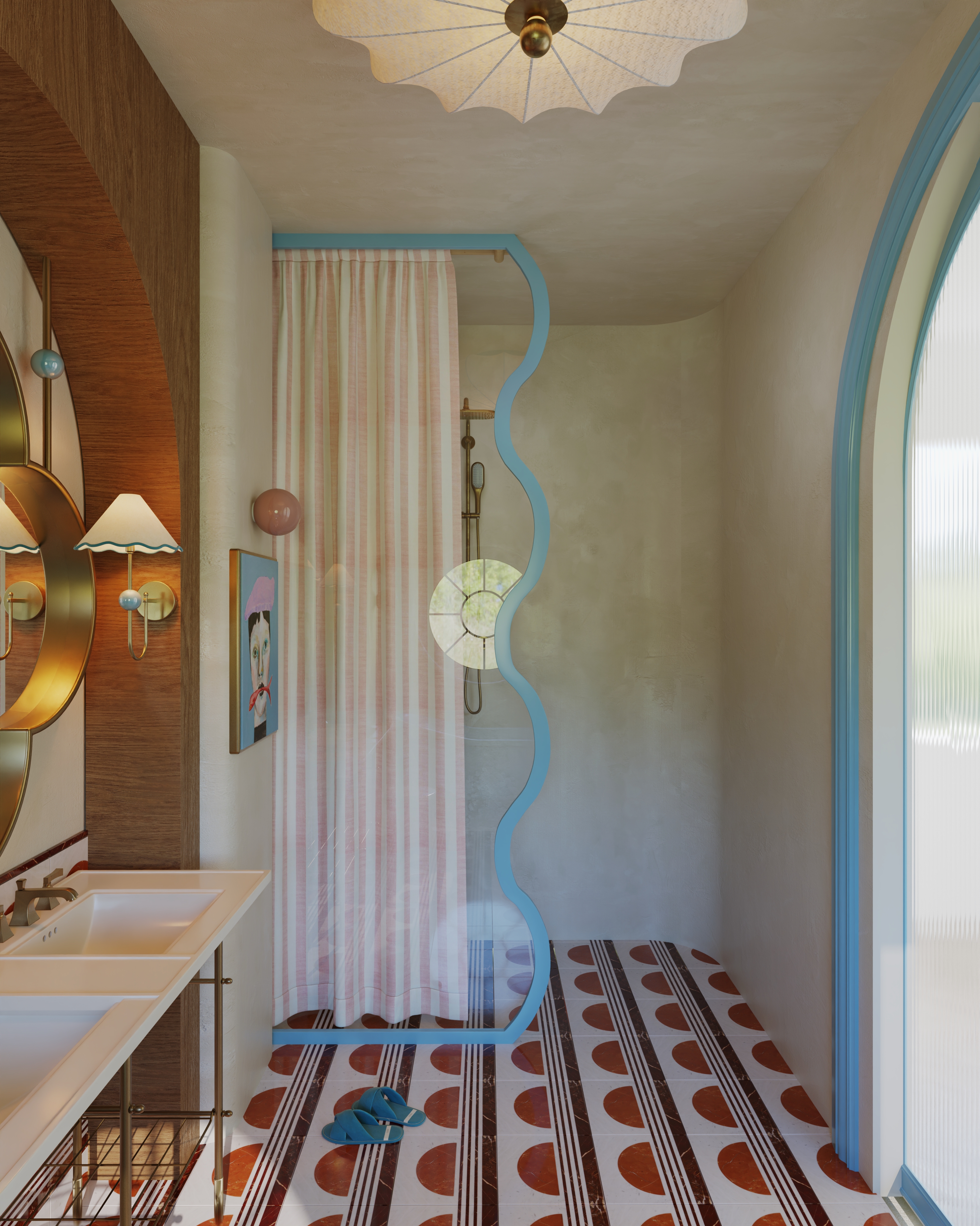 A bathroom with patterned flooring, a bold light above, and a whimsical shower divider in blue