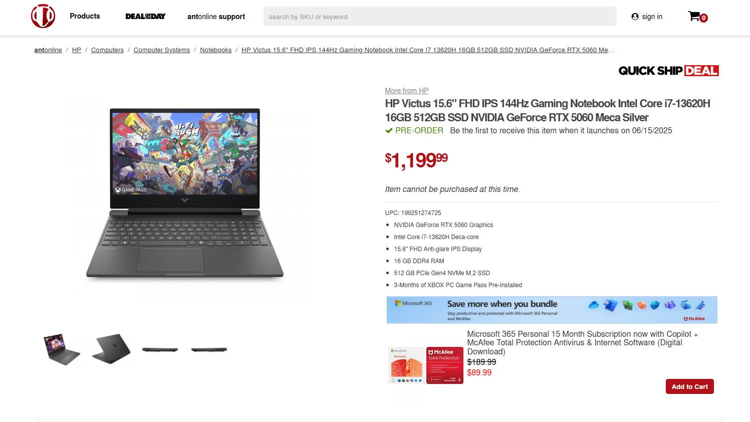HP Victus 15.6 RTX 5060 AntOnline listing