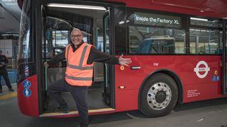 TV Tonight Gregg Wallace poses stepping onto a London double-decker bus