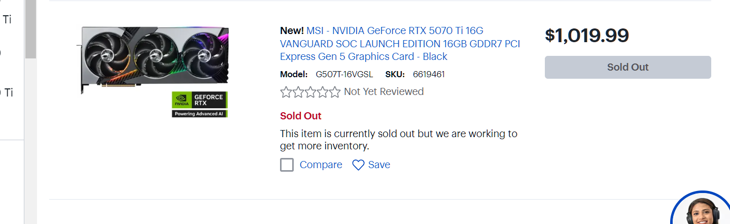 An RTX 5070 Ti at Best Buy with a high price tag.