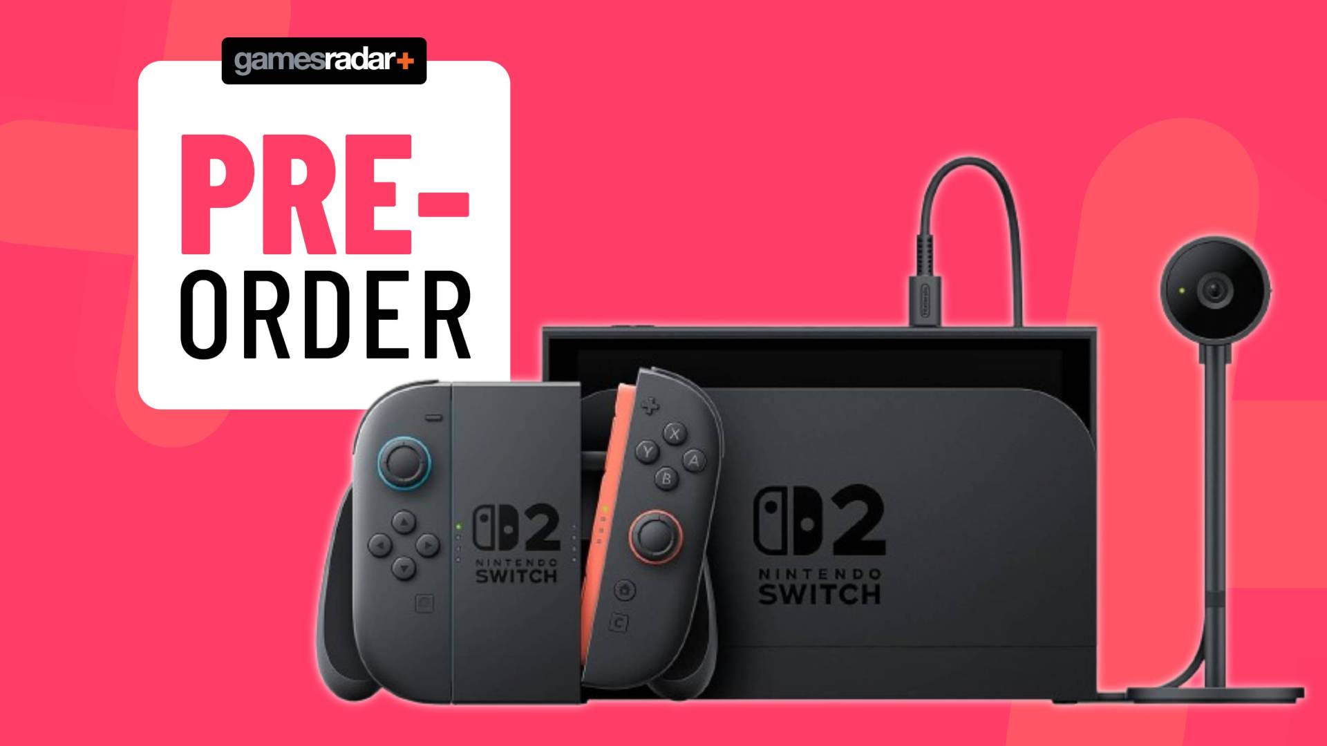 Official product render of the Nintendo Switch 2 sitting on a pink GamesRadar background.