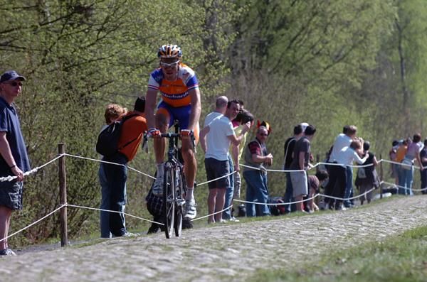 Lars Boom (Rabobank) gapped the peloton in the Arenberg sector of cobbles.