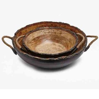 mango wood bowls with leather finished handles