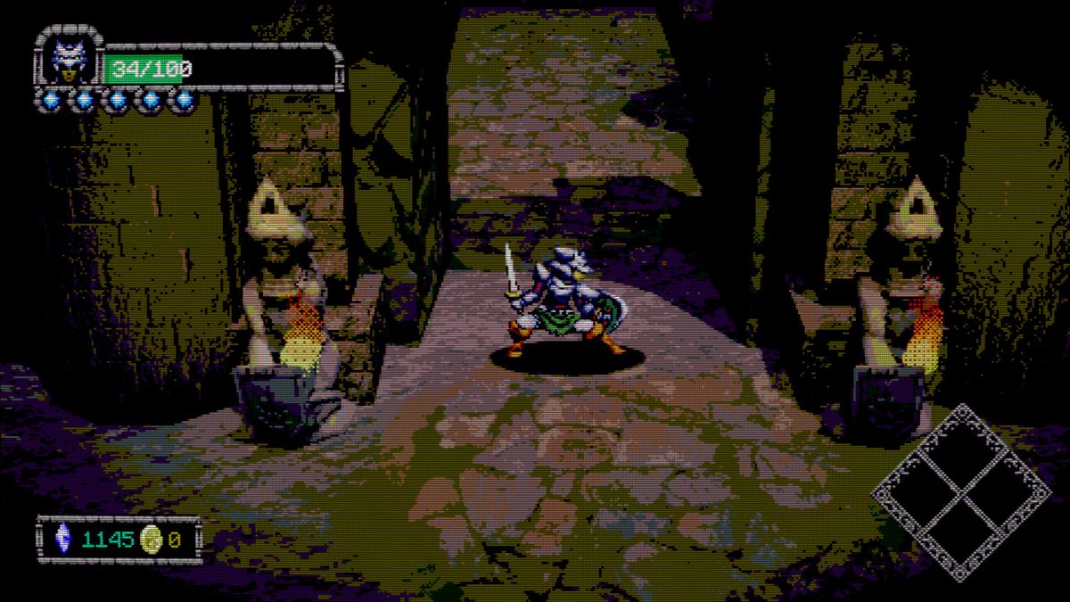 Dungeon Lurker screenshot showing knight protagonist between two Sphinx statues
